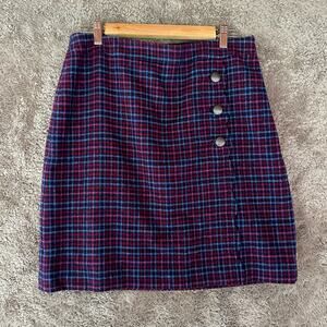 Talbots Plaid Pencil Skirt Scallop Button Wool Blue Pink 10 Petite P10 10P